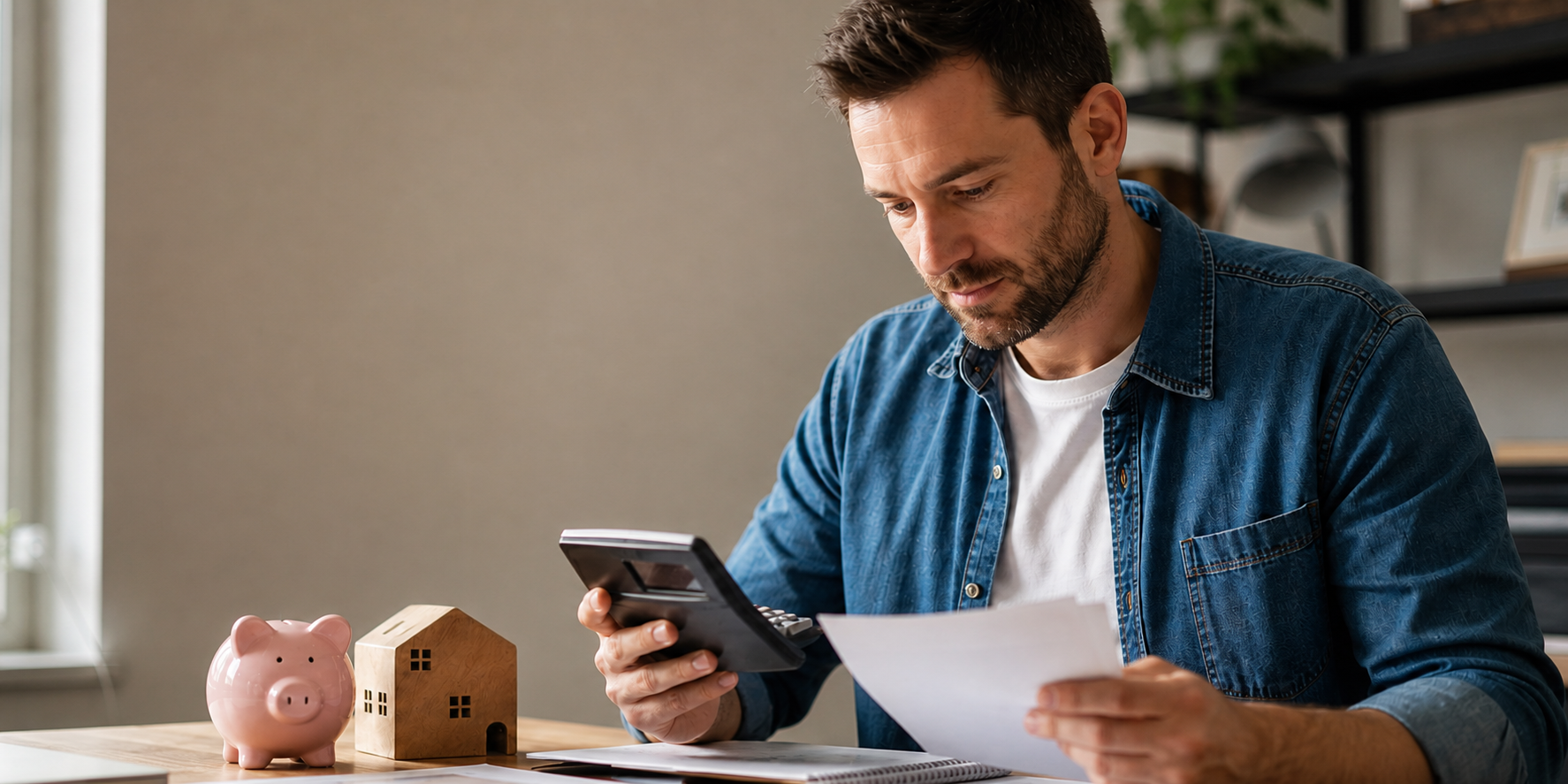 Hombre sentado frente a un escritorio, haciendo cuentas y planificando sus ahorros para comprar su propia casa.