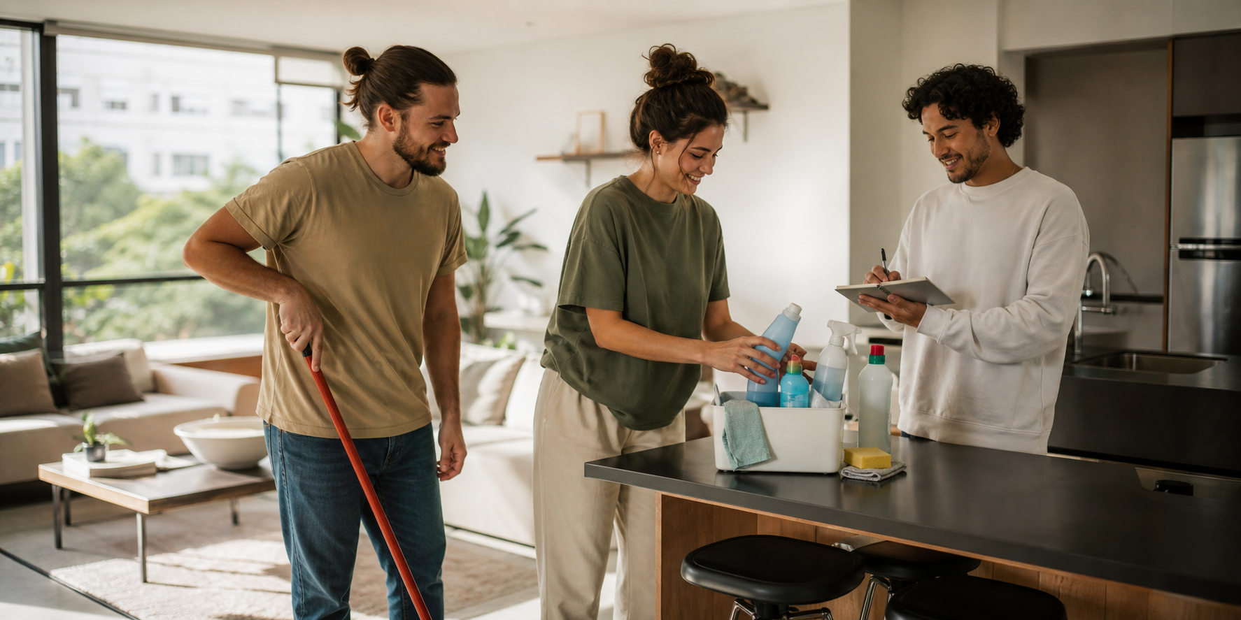 Adult Roommates Cleaning Apartment Together