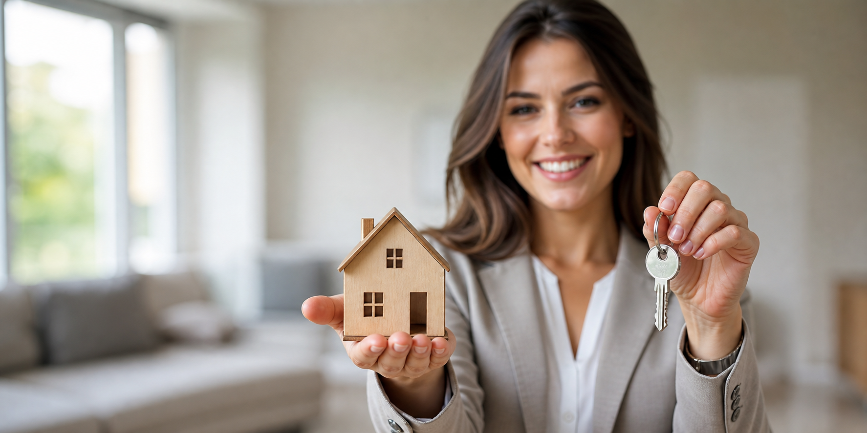 Una mujer sosteniendo en una mano una pequeña casa de madera en miniatura y, en la otra, un juego de llaves de su nueva vivienda.