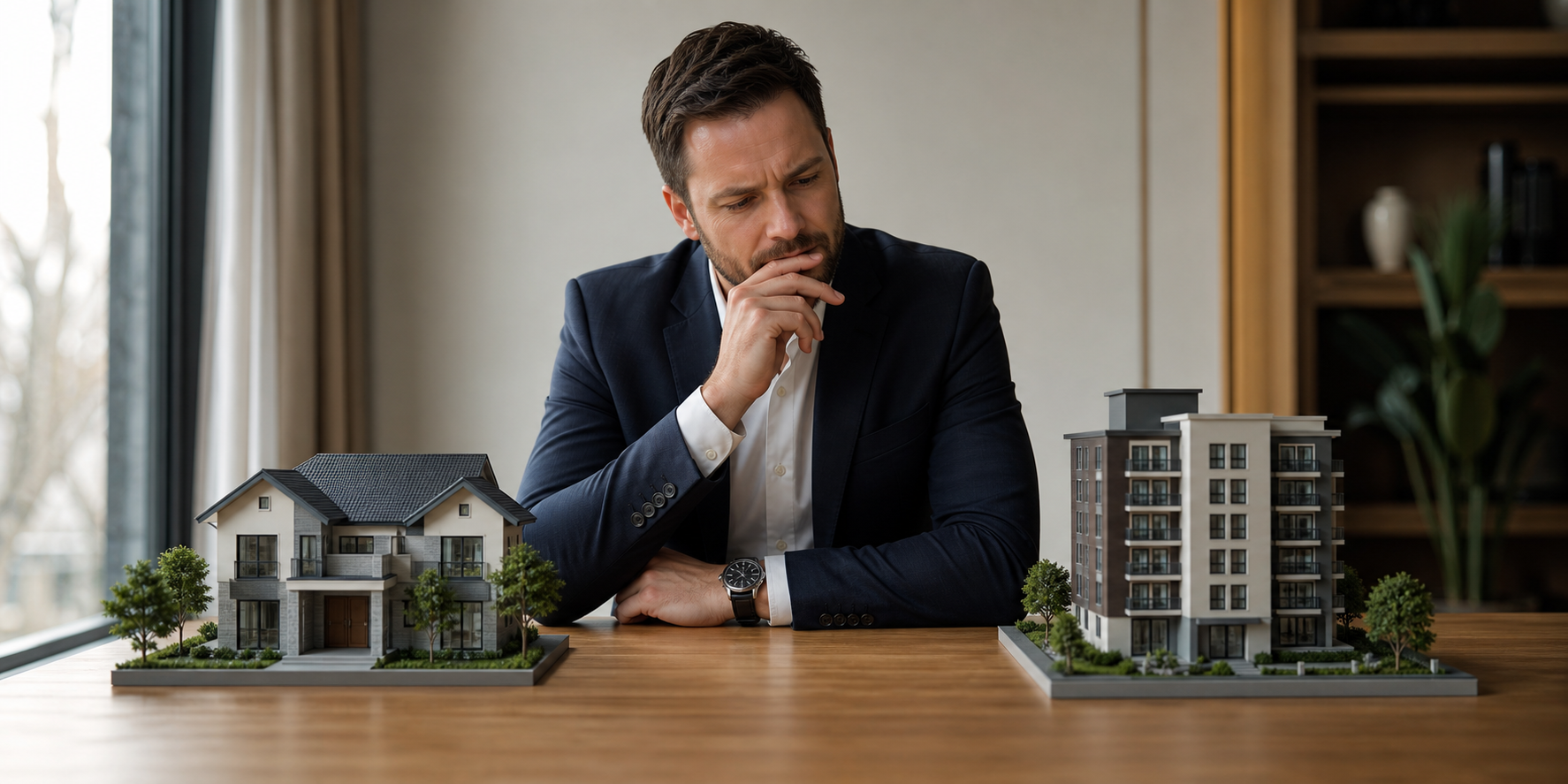 Hombre pensando seriamente frente a&nbsp;una decisión inmobiliaria, elegir una casa o un departamento. Sobre la&nbsp;mesa hay una&nbsp;maqueta de una&nbsp;casa y de&nbsp;un edificio de&nbsp;departamentos.