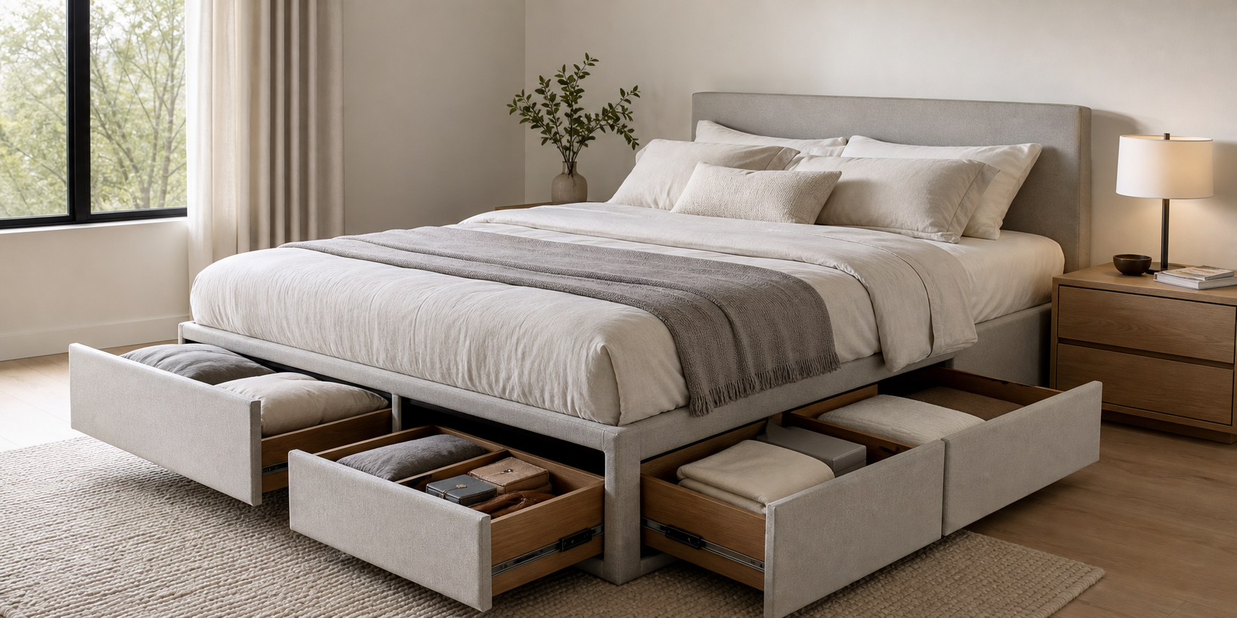 Cama Moderna con Cajones Integrados en Habitacin Minimalista