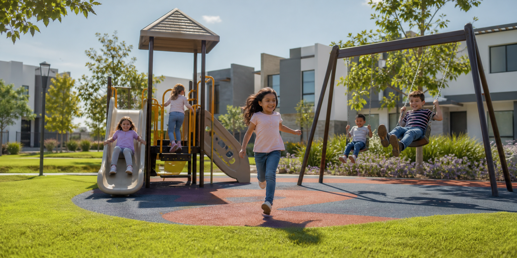 Varios niños jugando alegremente en las áreas infantiles de un desarrollo residencial moderno. Se divierten en juegos infantiles al aire libre, como columpios, resbaladillas.