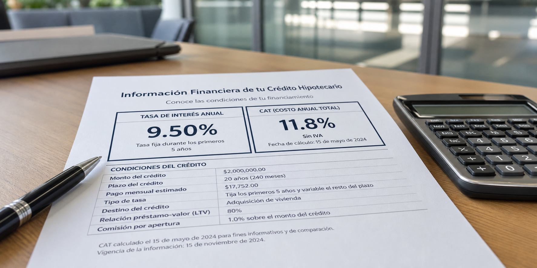 Documento muestra una tabla con la tasa de interés anual, el CAT (Costo Anual Total) y las condiciones de financiamiento de una hipoteca.