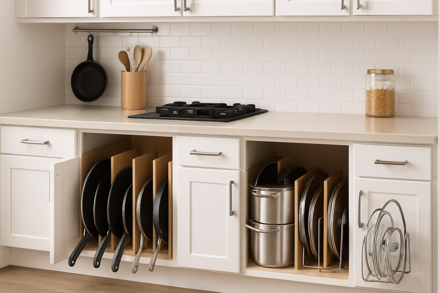 Cocina con organizadores verticales en los gabinetes para ollas sartenes y tapas