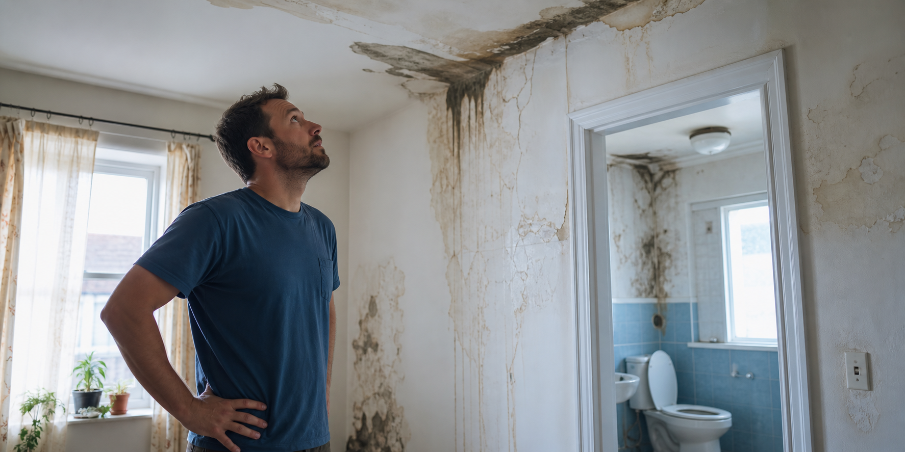 Concerned Man in Moist Home Environment