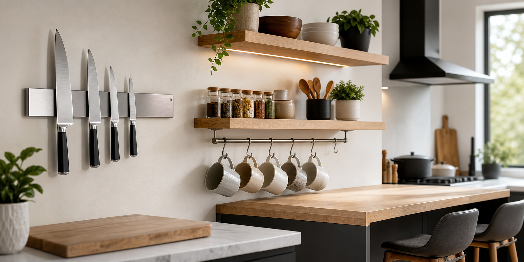 Cocina contemporánea con soluciones de almacenamiento inteligente. En la pared, un organizador magnético para cuchillos de acero inoxidable..