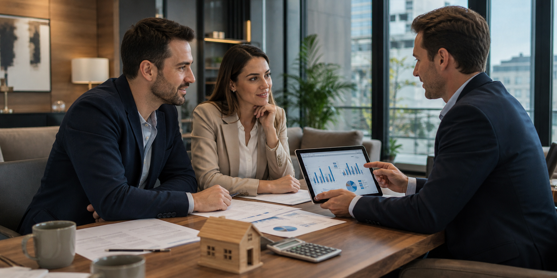 Una pareja reunida con un asesor inmobiliario para elegir el crédito hipotecario que mejor se adapta a sus necesidades, sentados en una oficina moderna y elegante.
