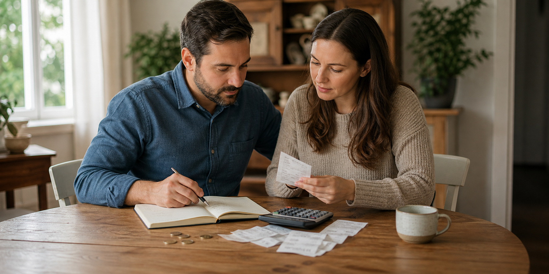Pareja con una calculadora revisando los gastos hormiga