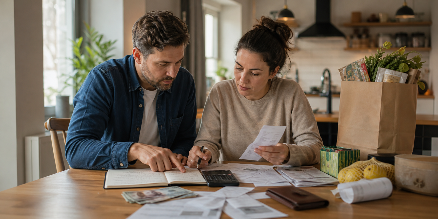 Una pareja adulta sentada a la mesa de su comedor, revisando sus finanzas del hogar y haciendo cuentas de sus gastos mensuales. 