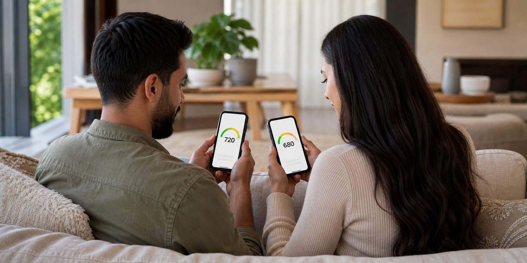 Pareja sentada en la sala de su hogar, cada uno revisando su propio historial crediticio en su teléfono celular, mostrando concentración y tranquilidad.