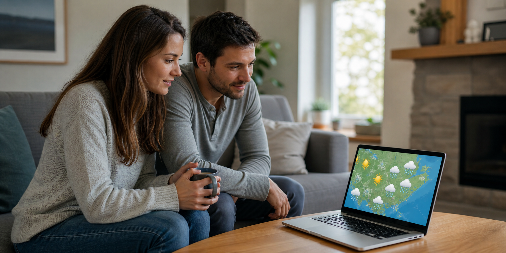 Couple Watching Weather Forecast on Laptop in Living Room-1