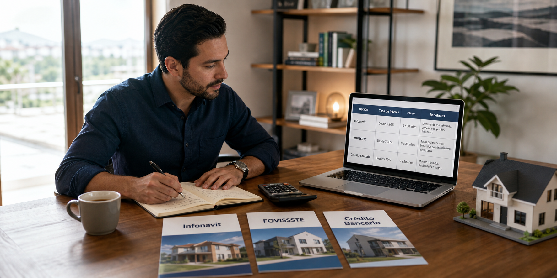 Una persona comparando opciones de crédito hipotecario entre Infonavit, FOVISSSTE y un banco, sentada en un escritorio moderno y ordenado.