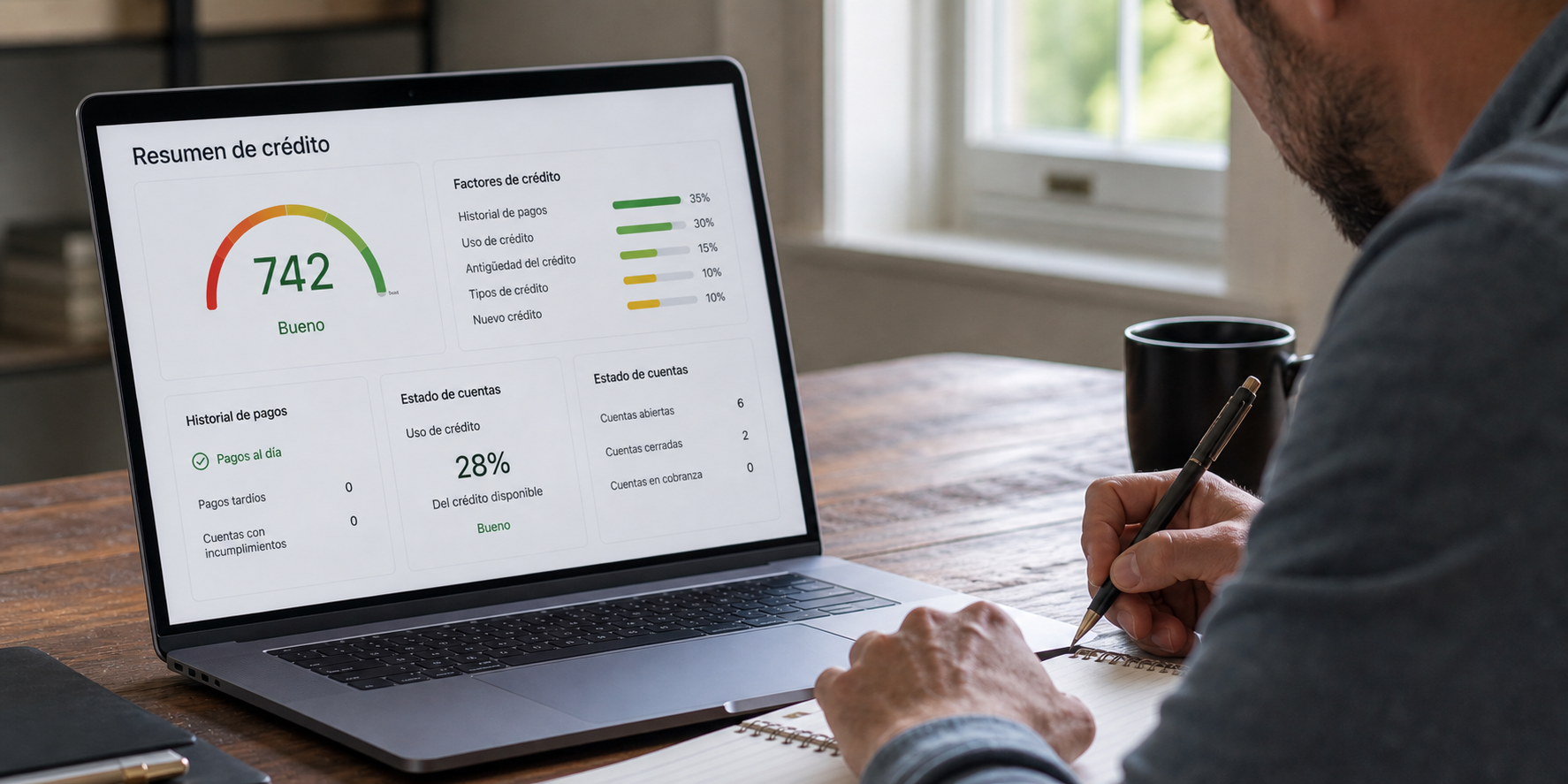 Un hombre revisando su score crediticio en una computadora portátil desde su casa. En la pantalla se observa una interfaz financiera con información sobre su historial crediticio.