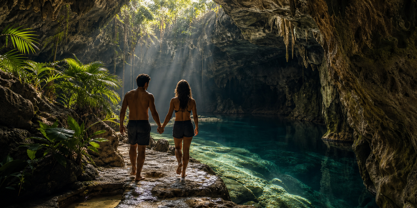 Una pareja entrando a la cueva de un cenote en la Riviera Maya, caminando por una formación rocosa natural rodeada de vegetación tropical.