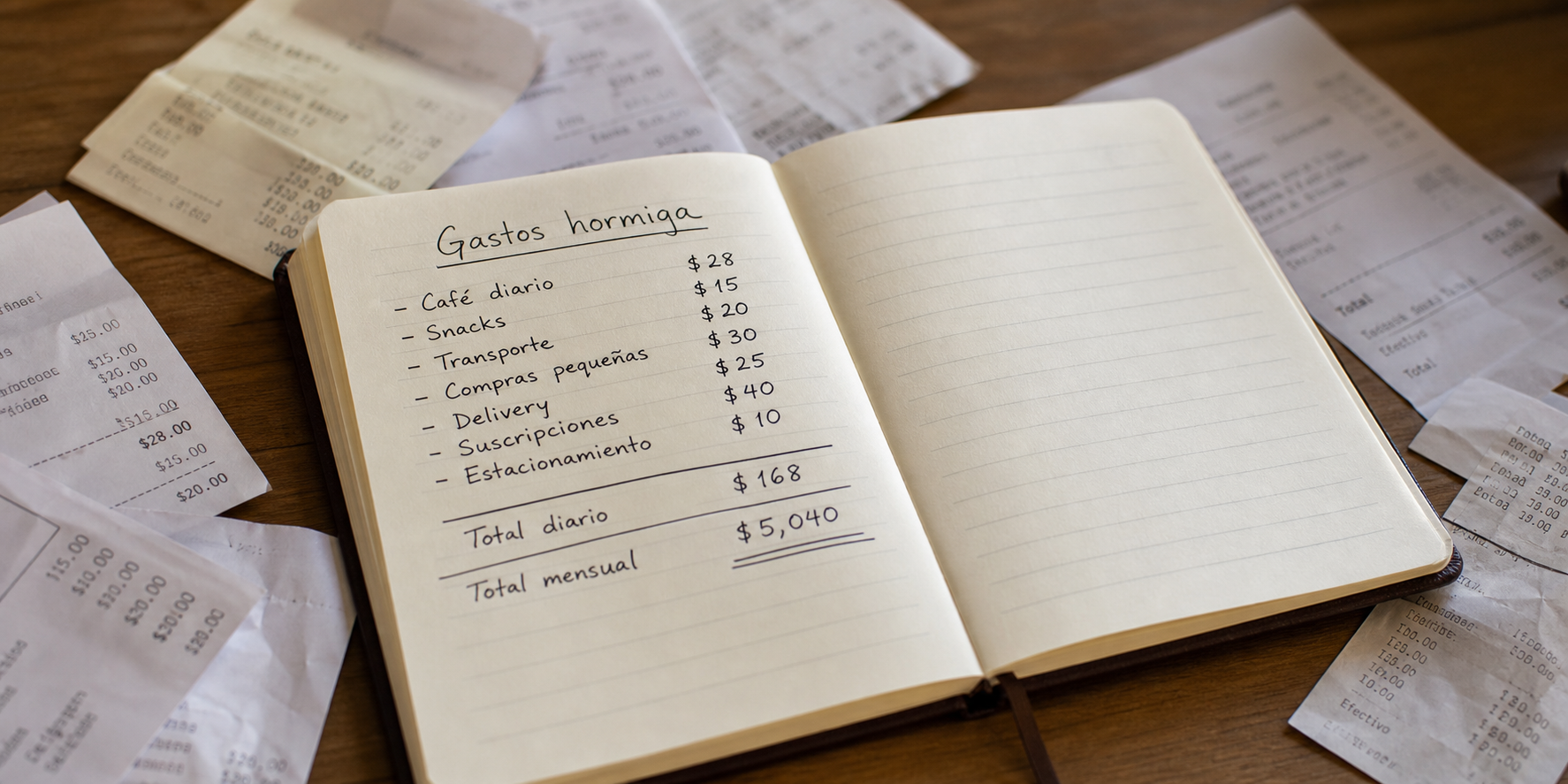 Libreta abierta sobre un escritorio, con anotaciones manuscritas de “gastos hormiga” como café, snacks, transporte y pequeñas compras del día a día.