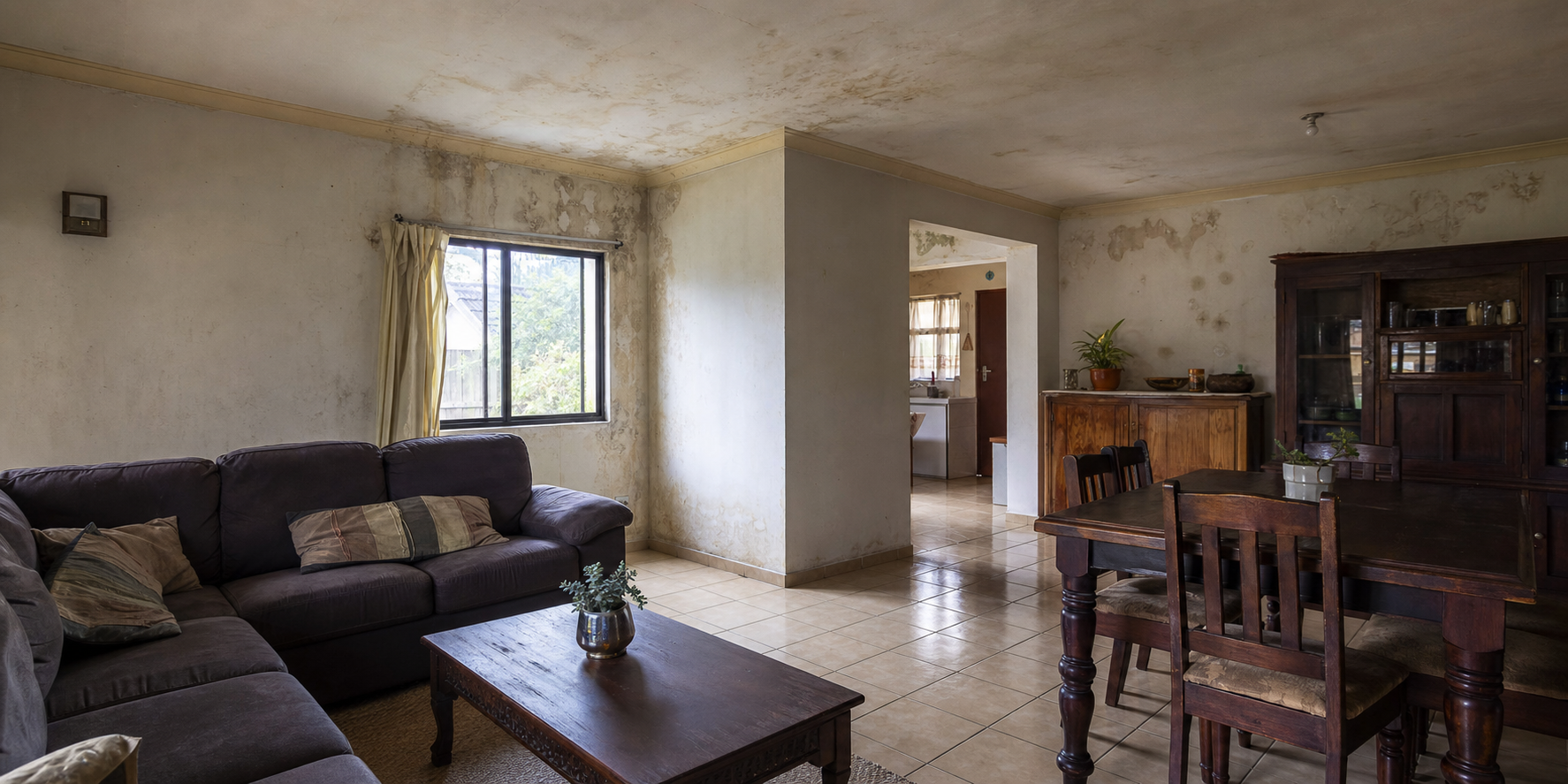 Dilapidated House Interior with Moisture Marks and Worn Fixtures