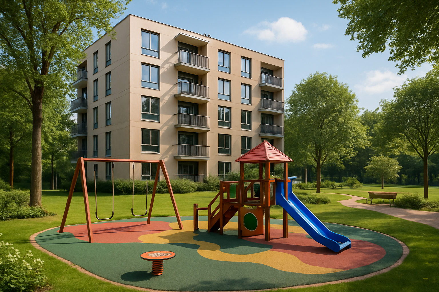 Edificio seguro rodeadas de reas verdes y recreativas como juegos infantiles al aire libre para los nios