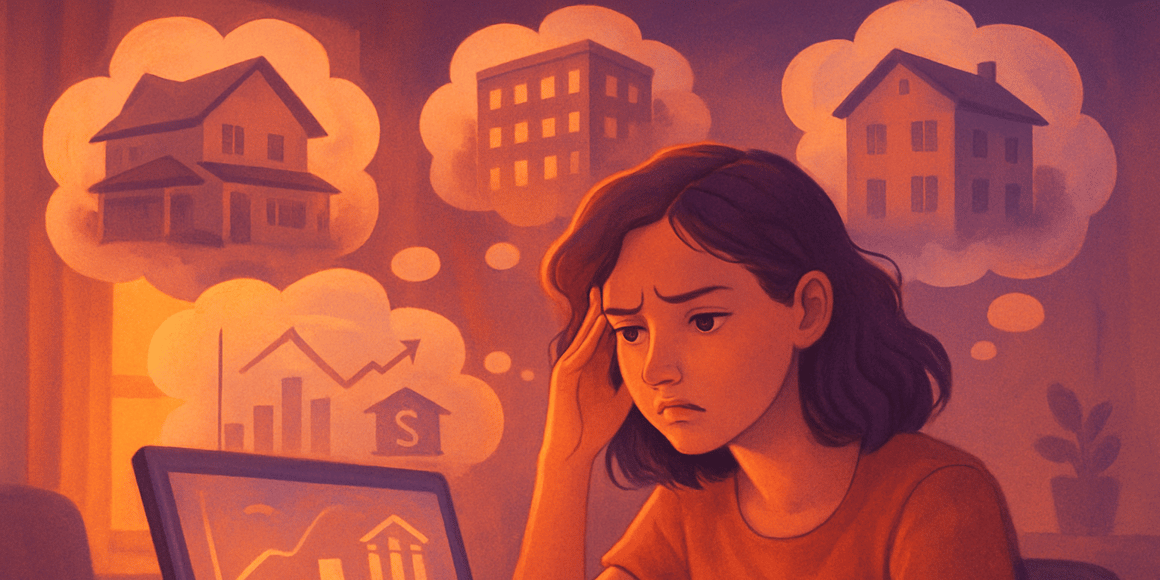 En una habitación iluminada suavemente por la luz del atardecer una joven adulta se sienta frente a su computadora con una expresión de concentración.