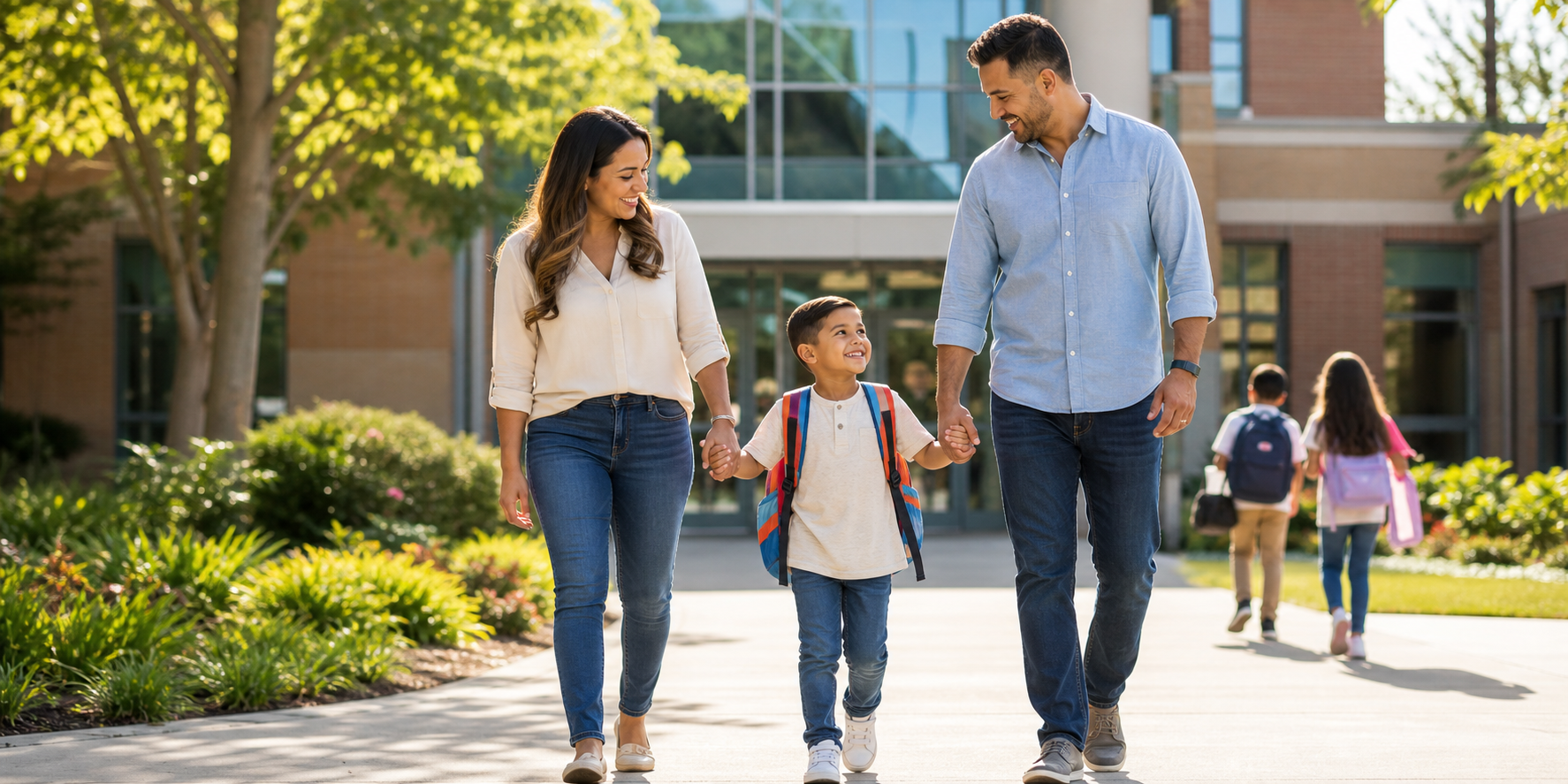 Familia Caminando Hacia Escuela Moderna en Maana Soleada