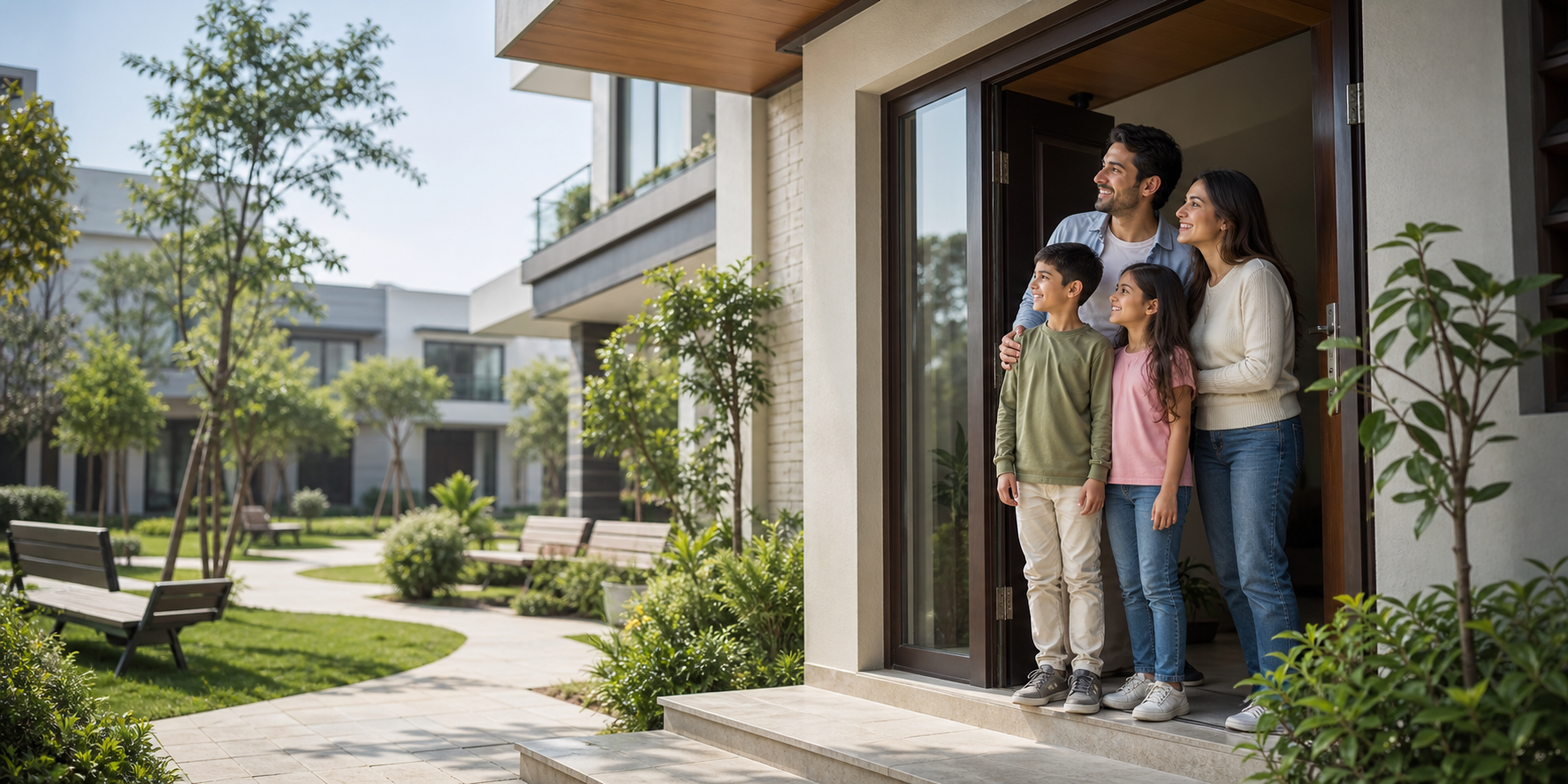 Familia feliz asomada en la puerta de su casa dentro de un desarrollo residencial. Frente a la vivienda se pueden ver amplias áreas verdes, jardines bien cuidados.