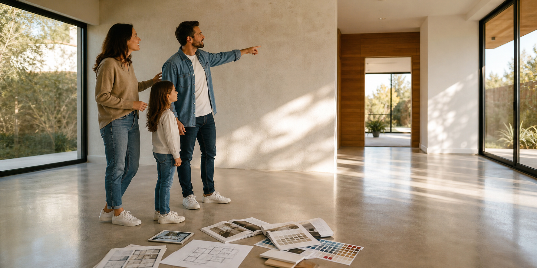 Familia joven dentro de su nueva casa vacía, imaginando cómo decorarla. Los padres y un niño observan el espacio con entusiasmo mientras señalan diferentes áreas de la sala.
