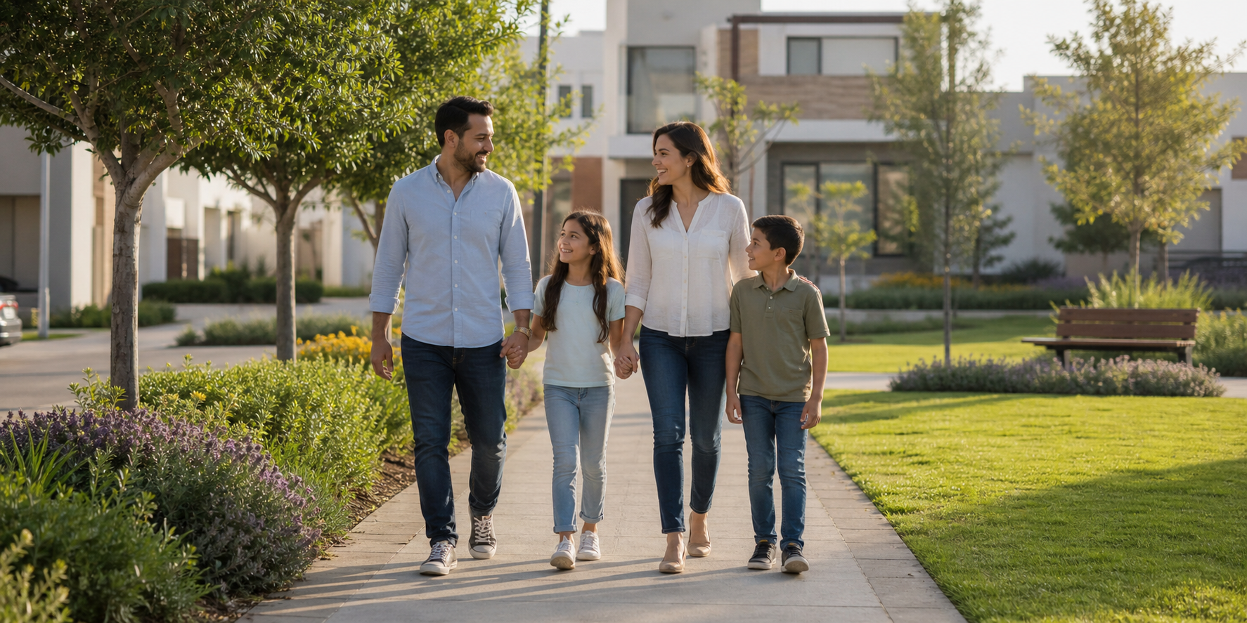Familia mexicana caminando felizmente por las áreas verdes de su desarrollo residencial, disfrutando de un momento juntos.