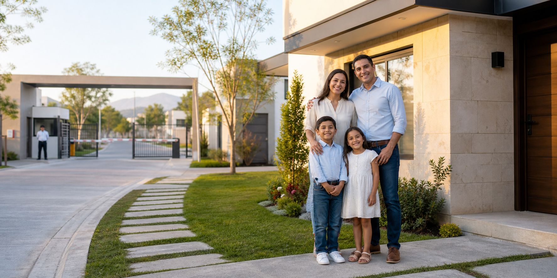 Familia mexicana feliz de cuatro integrantes parada afuera de su nueva casa, sonriendo y disfrutando de un momento familiar.