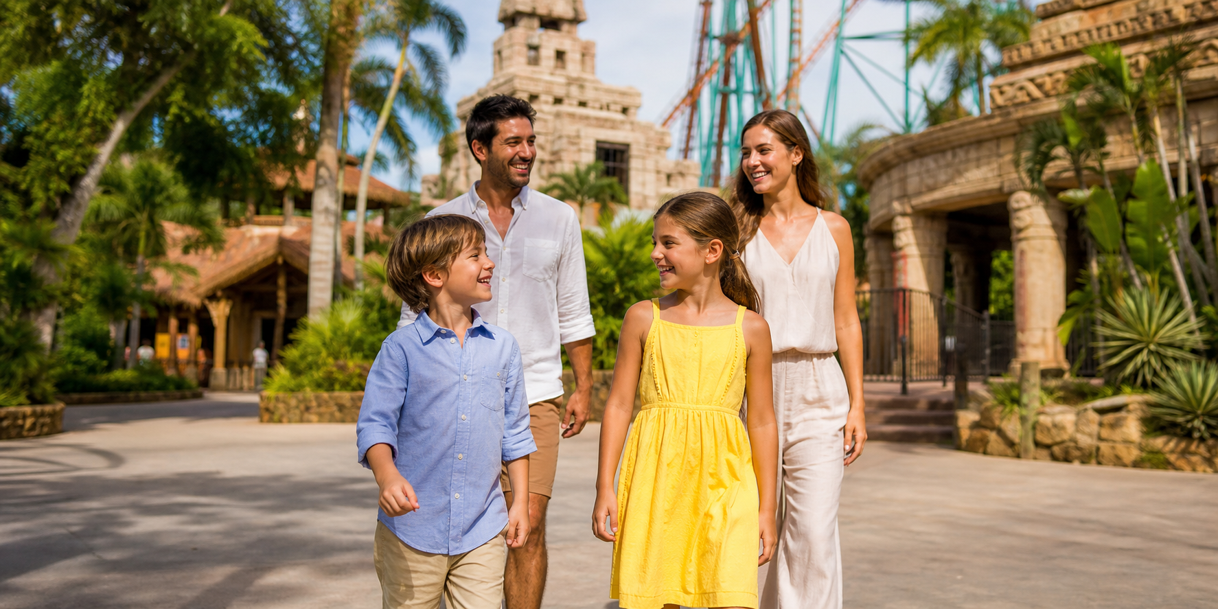 Una familia disfrutando de un parque temático en Cancún, con padres e hijos sonriendo mientras recorren un área llena de atracciones, jardines tropicales.
