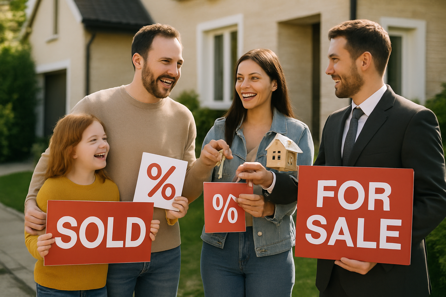 Familia feliz y asesor inmobiliario comprando una casa con letreros de signo de porcentaje Personas reales-2