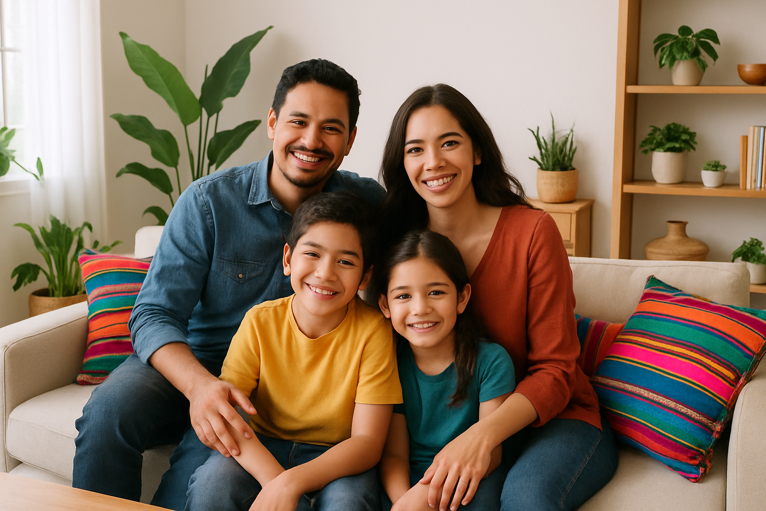 Familia mexicana sonriente en una sala luminosa y moderna rodeada de plantas textiles coloridos y detalles de madera que transmiten bienestar y salud-2