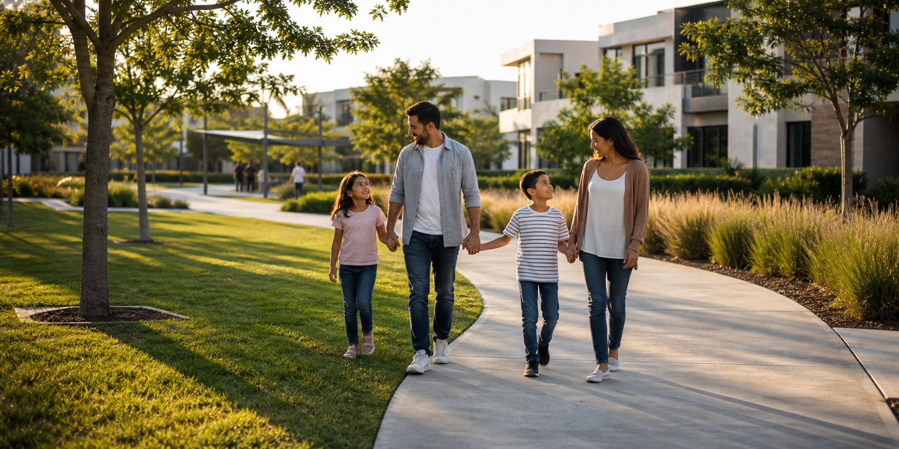 Family Enjoying Green Spaces of a Modern Residential Development