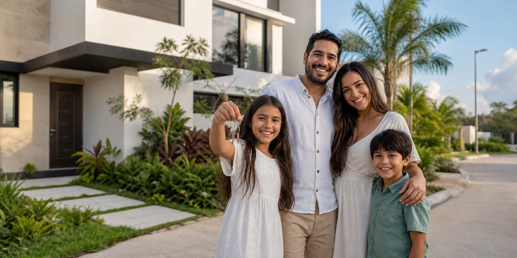Una familia feliz sosteniendo las llaves de su nueva casa en un desarrollo residencial en Cancún.