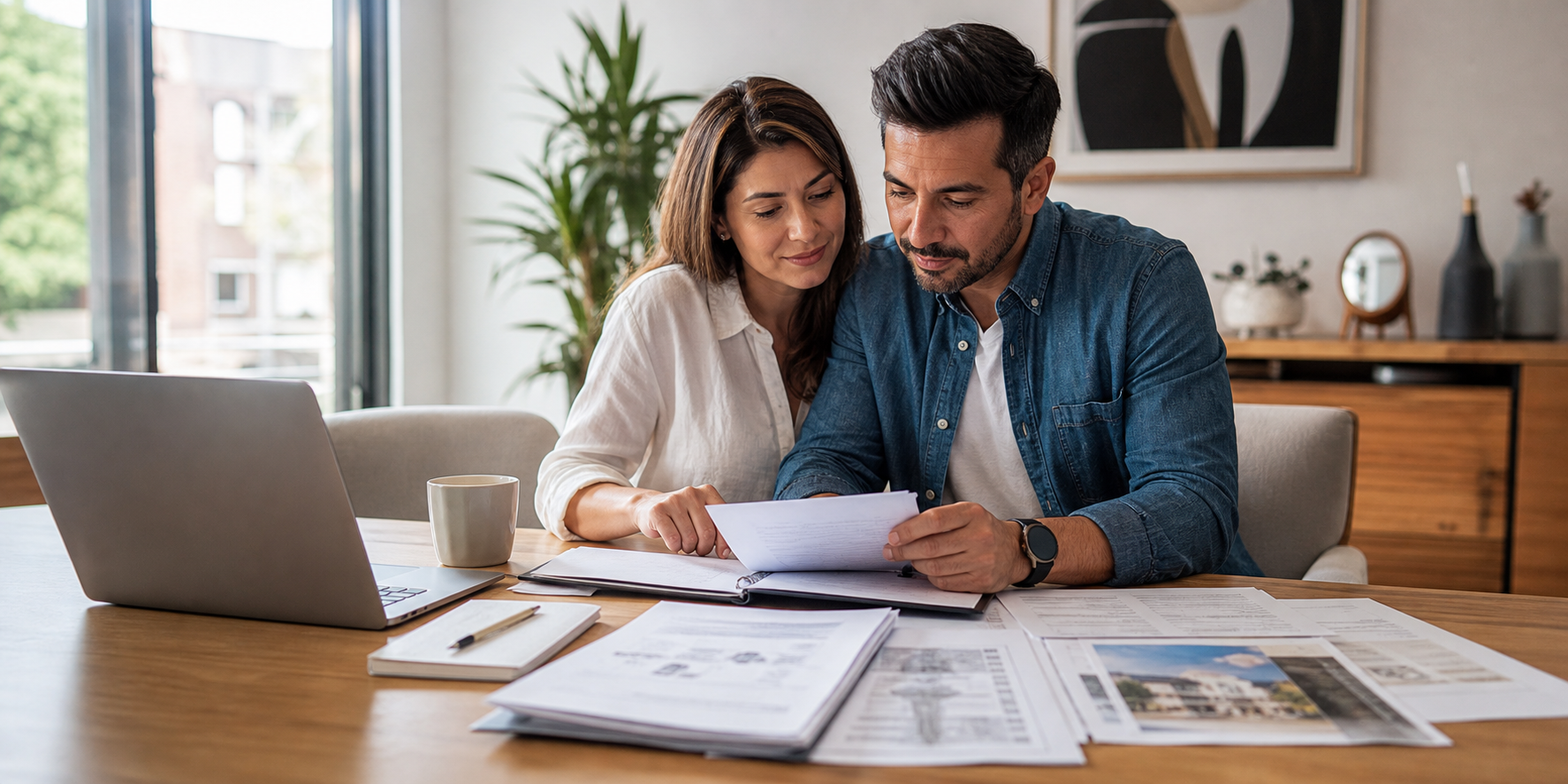 Pareja revisando cuidadosamente una carpeta con documentos inmobiliarios, incluyendo las escrituras de la propiedad, un avalúo, un certificado de libertad de gravamen.