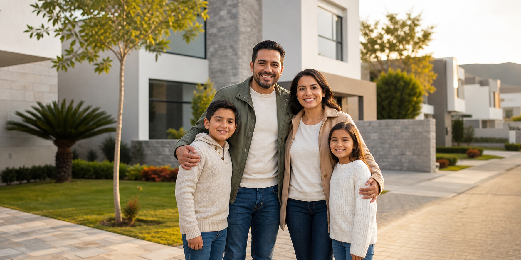 Una familia feliz disfrutando de su nueva casa en Pachuca, parada afuera de su vivienda en un desarrollo residencial moderno.