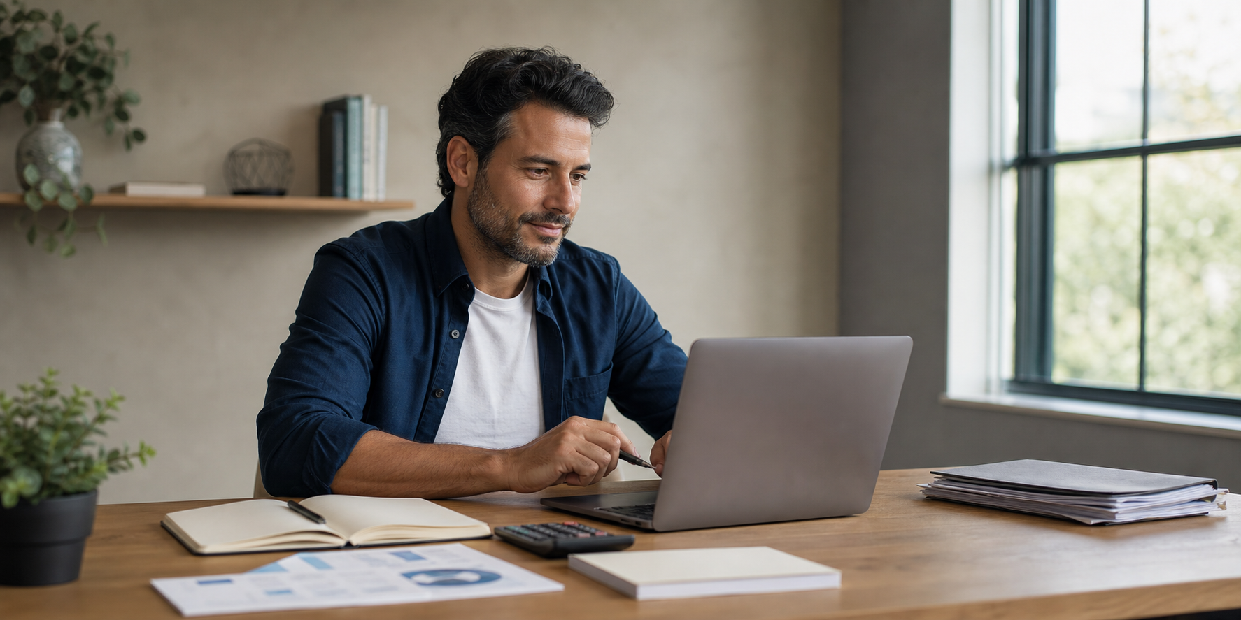 Hombre está revisando su presupuesto en una laptop mientras tiene una libreta de ahorro, una calculadora y documentos financieros organizados.