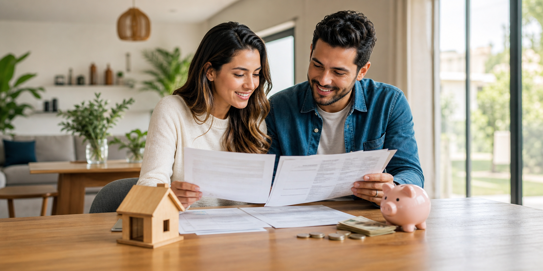 Una pareja preparándose para comprar su primera casa, sentados en una mesa de madera revisando su presupuesto, estados de cuenta y documentos financieros.
