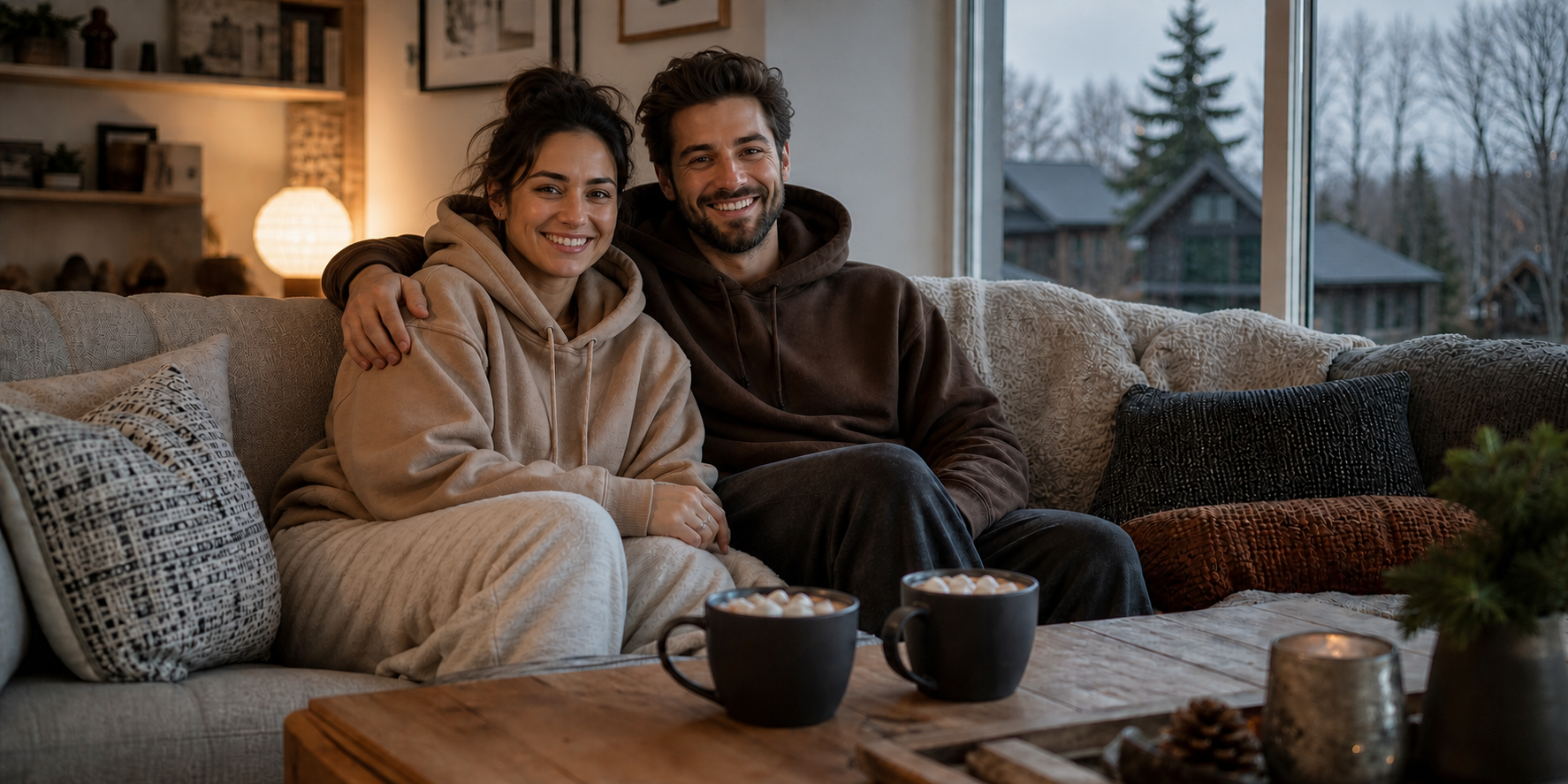 Happy Couple in Cozy Living Room with Comfortable Hoodies and Hot Chocolate-2
