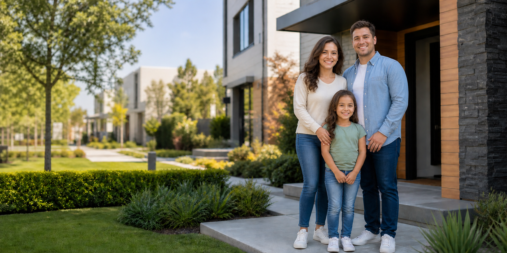 Una familia feliz parada afuera de la puerta de su casa en un desarrollo residencial moderno, posando junta frente a su nuevo hogar. Alrededor se observan amplias áreas verdes.