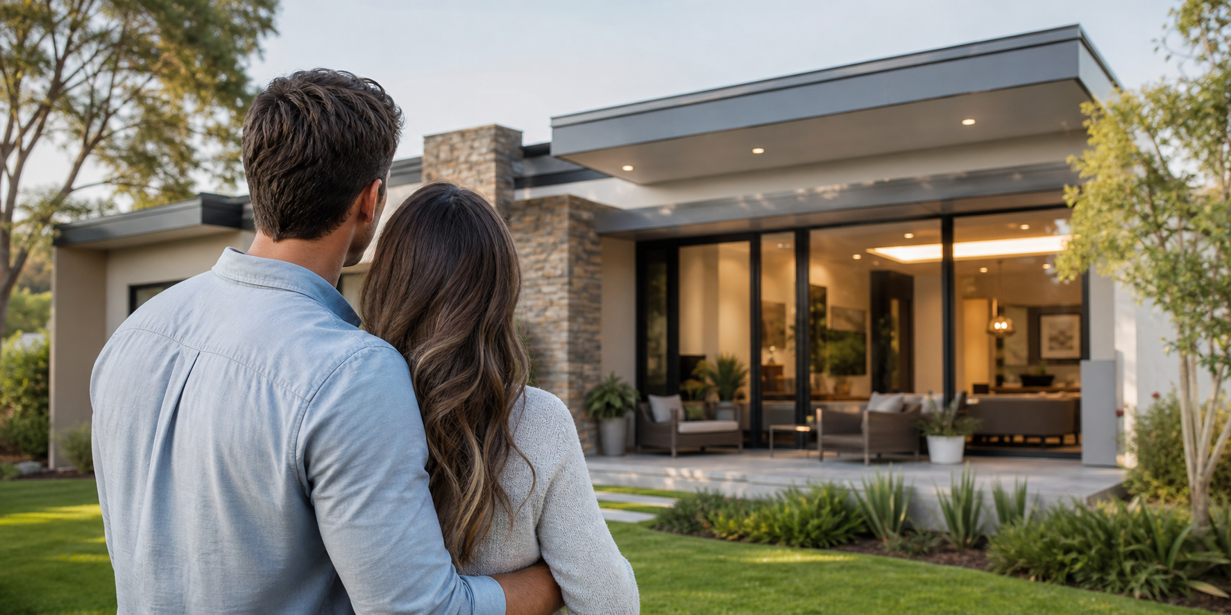 Pareja frente a su futura casa mientras observan la fachada que representa el sueño de tener un hogar propio.