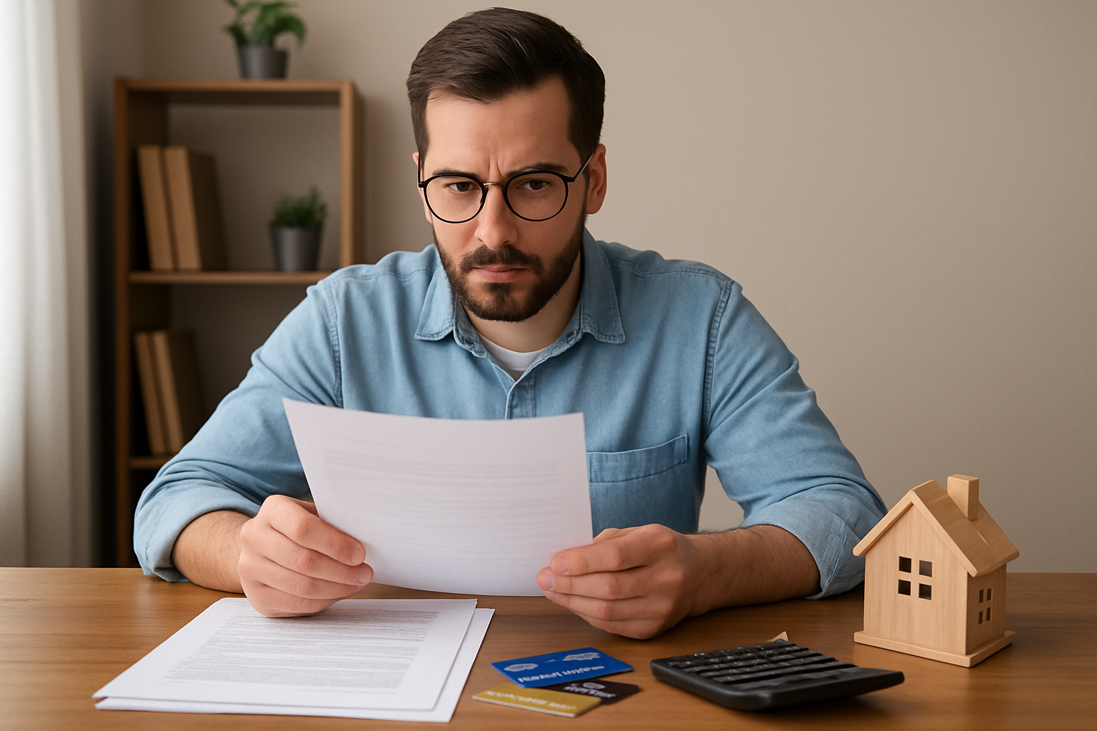 Hombre en una mesa revisando documentos en la mesa se ven unas tarjetas de crdito una calculadora y una casa de madera