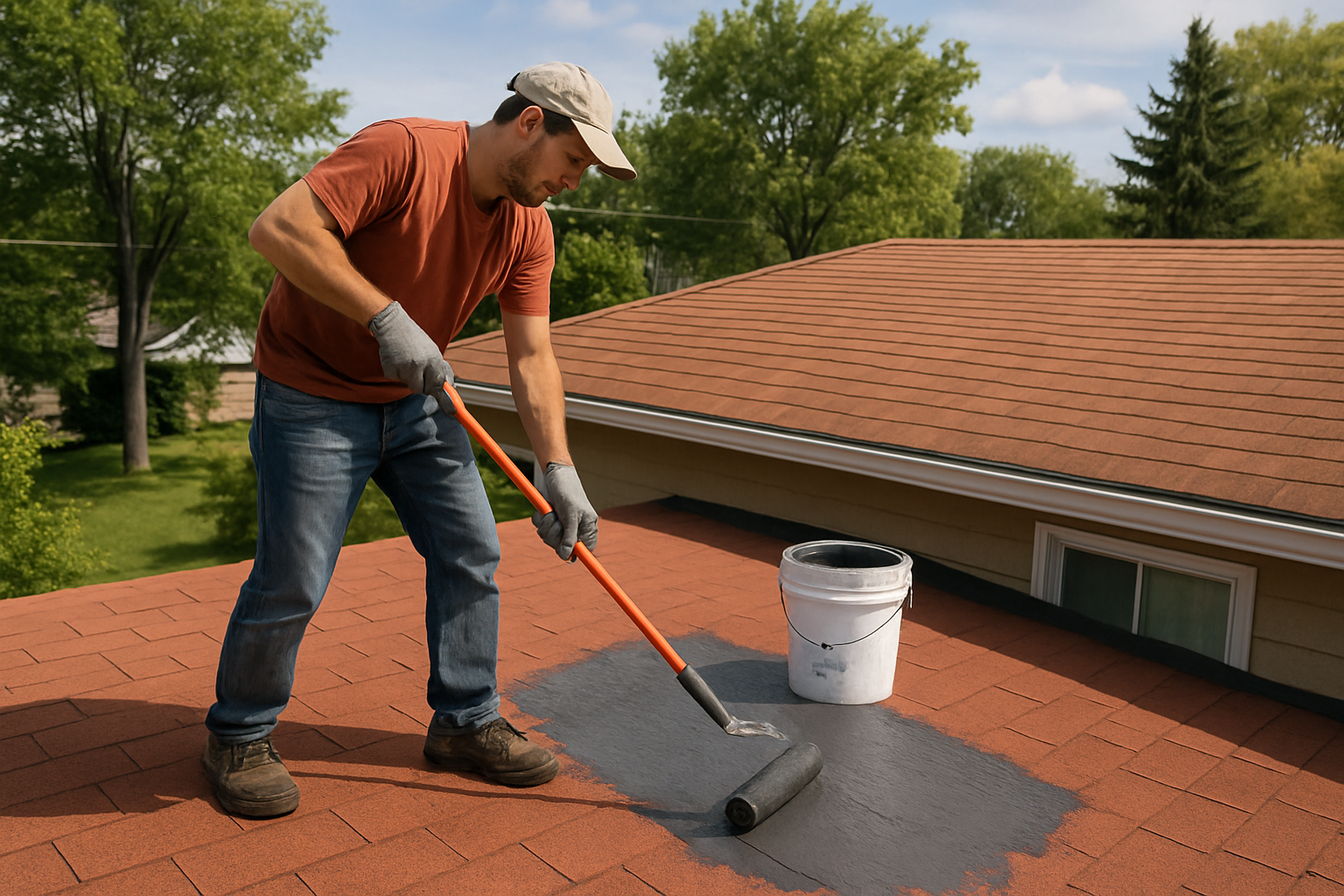 Hombre impermeabilizando el techo de la casa-1
