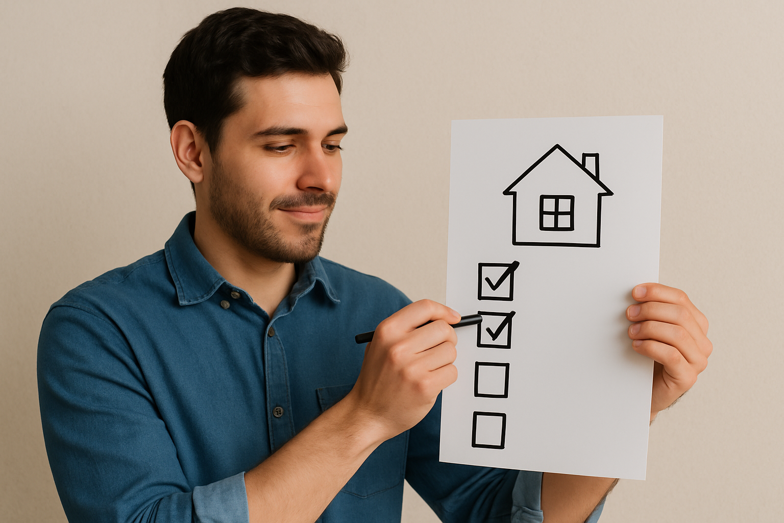 Hombre joven revisando una lista y palomeando los recuadros de que cumplen los requisitos de lo que busca en una casa