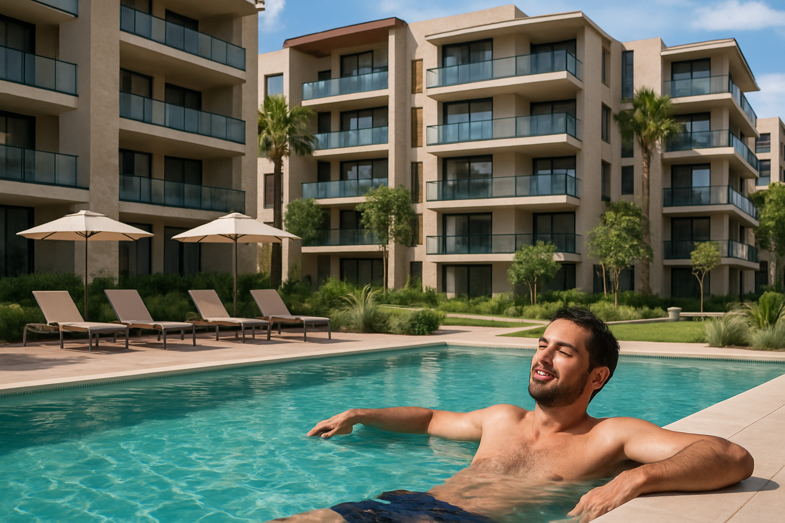 Hombre relajado en una alberca dentro de un desarrollo inmobiliario-1