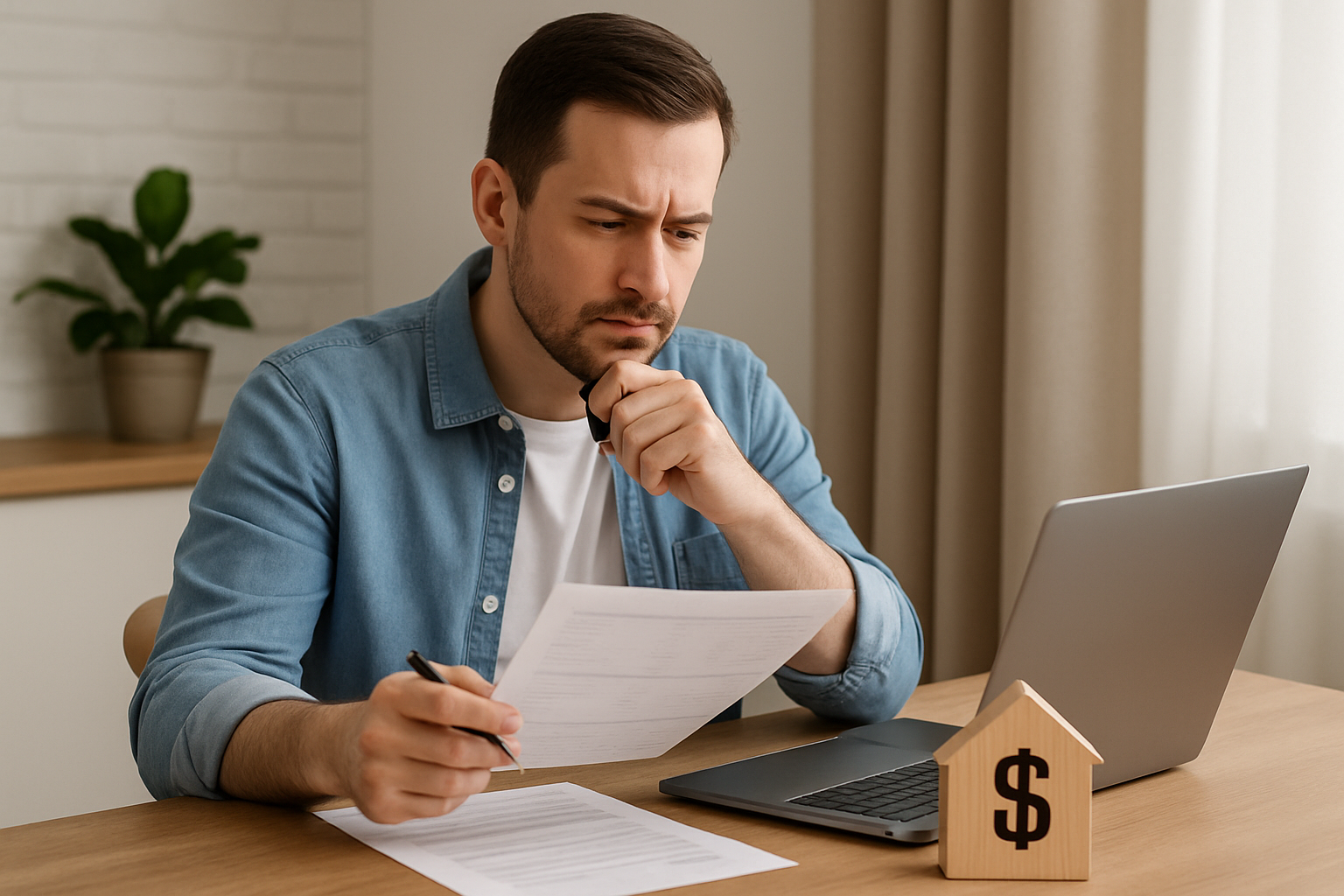 Hombre sentado en una mesa con una computadora verificando su capacidad de pago mensual en la mesa tambin se encuentra una casa de madera con signo de-1