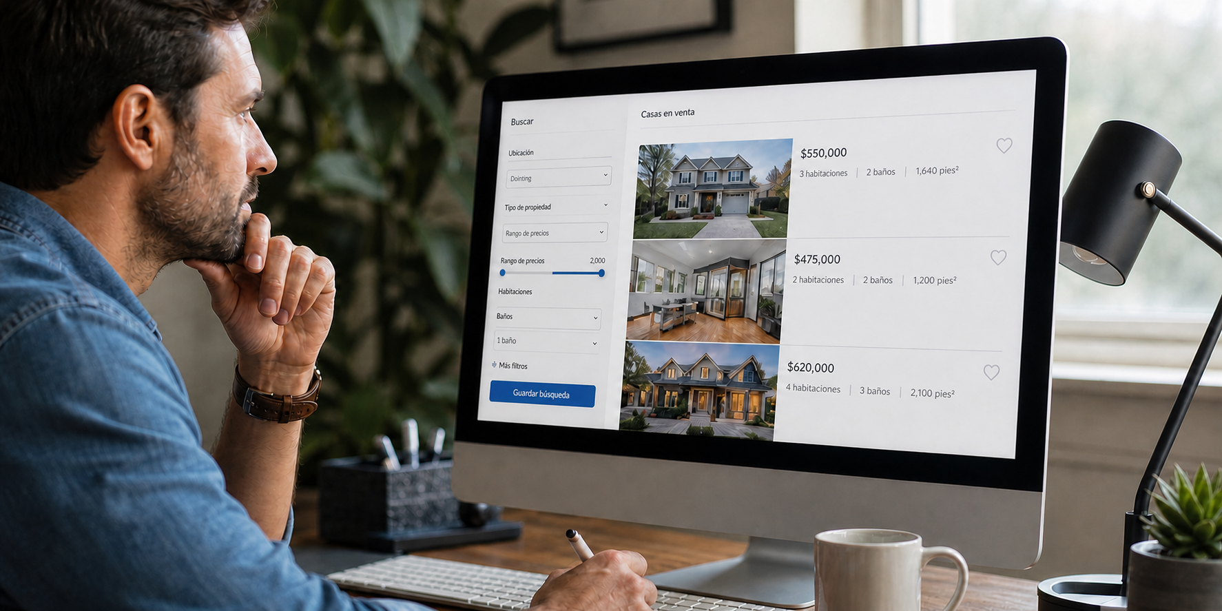 Un hombre buscando casas en un buscador inmobiliario desde su computadora, comparando diferentes propiedades cuyo precio se encuentra dentro de su presupuesto.