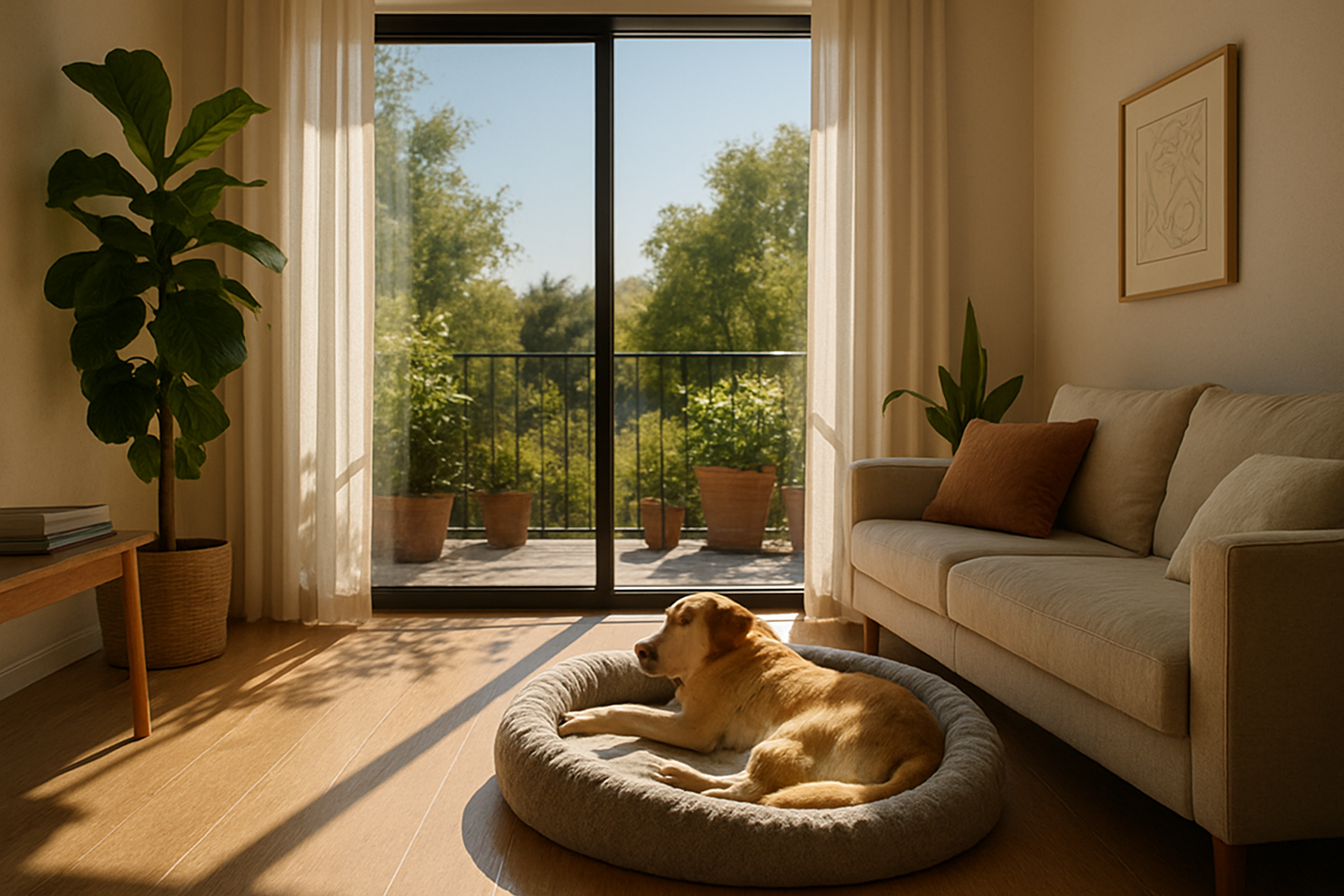Imagen de la sala de una casa donde se encuentra un ventanal y un perro echado en su cama tomando el sol-1
