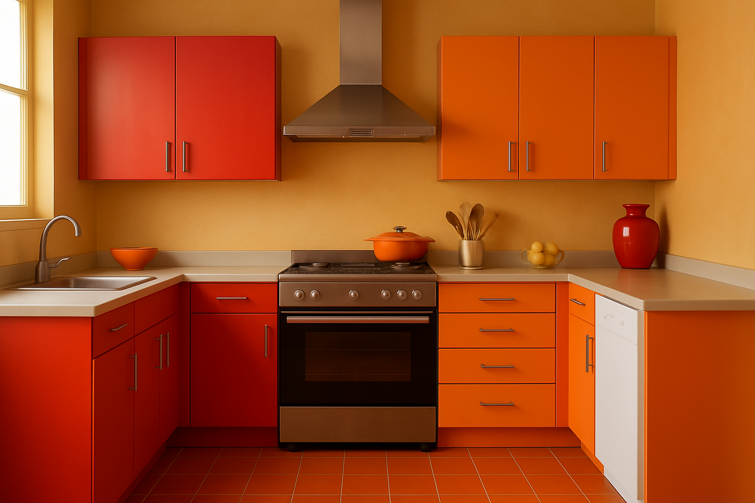 Imagen de una cocina con muebles en tonos rojos y naranjas