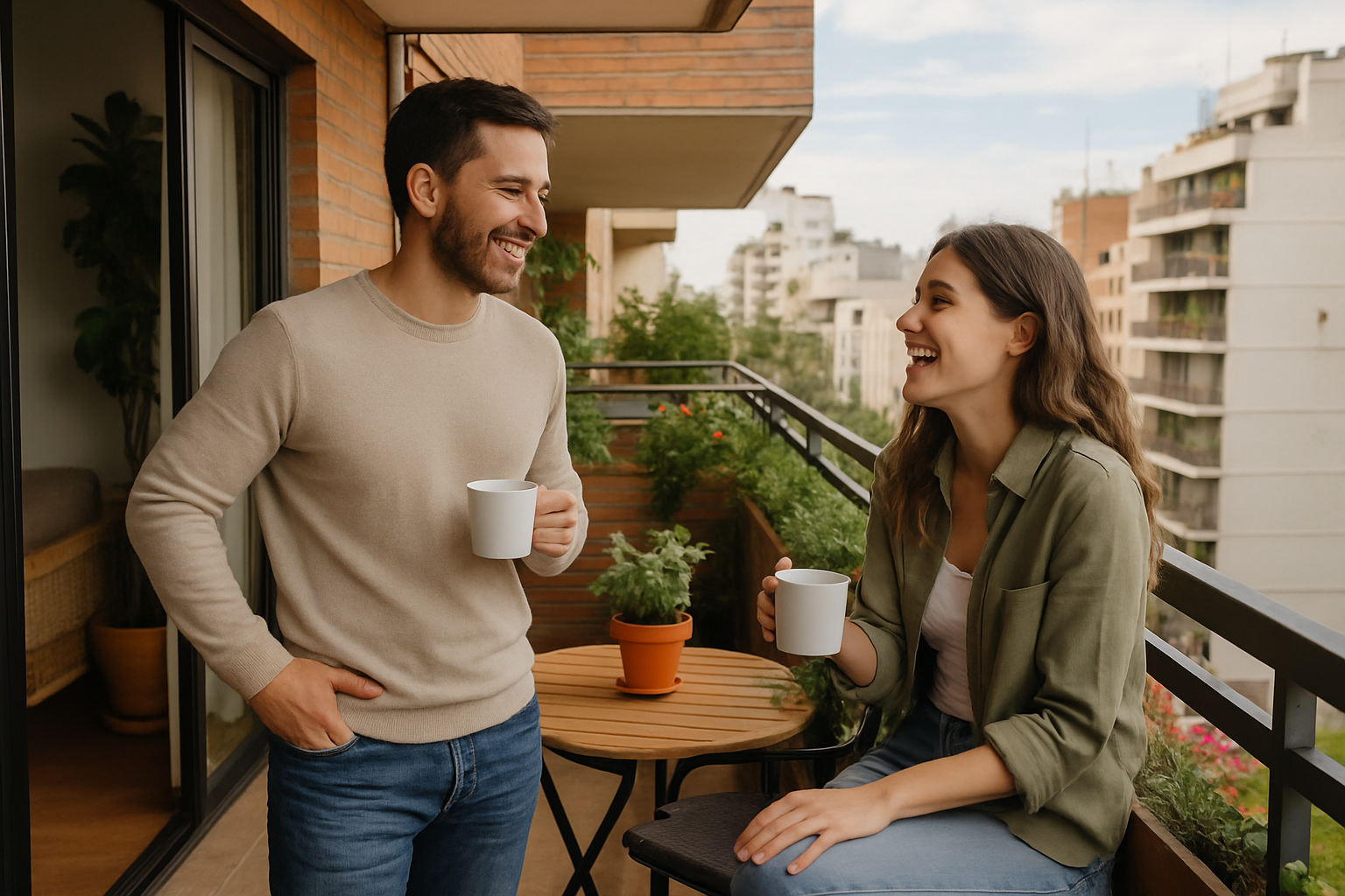 Imagen de una pareja conviviendo en la terraza de su departamento-1