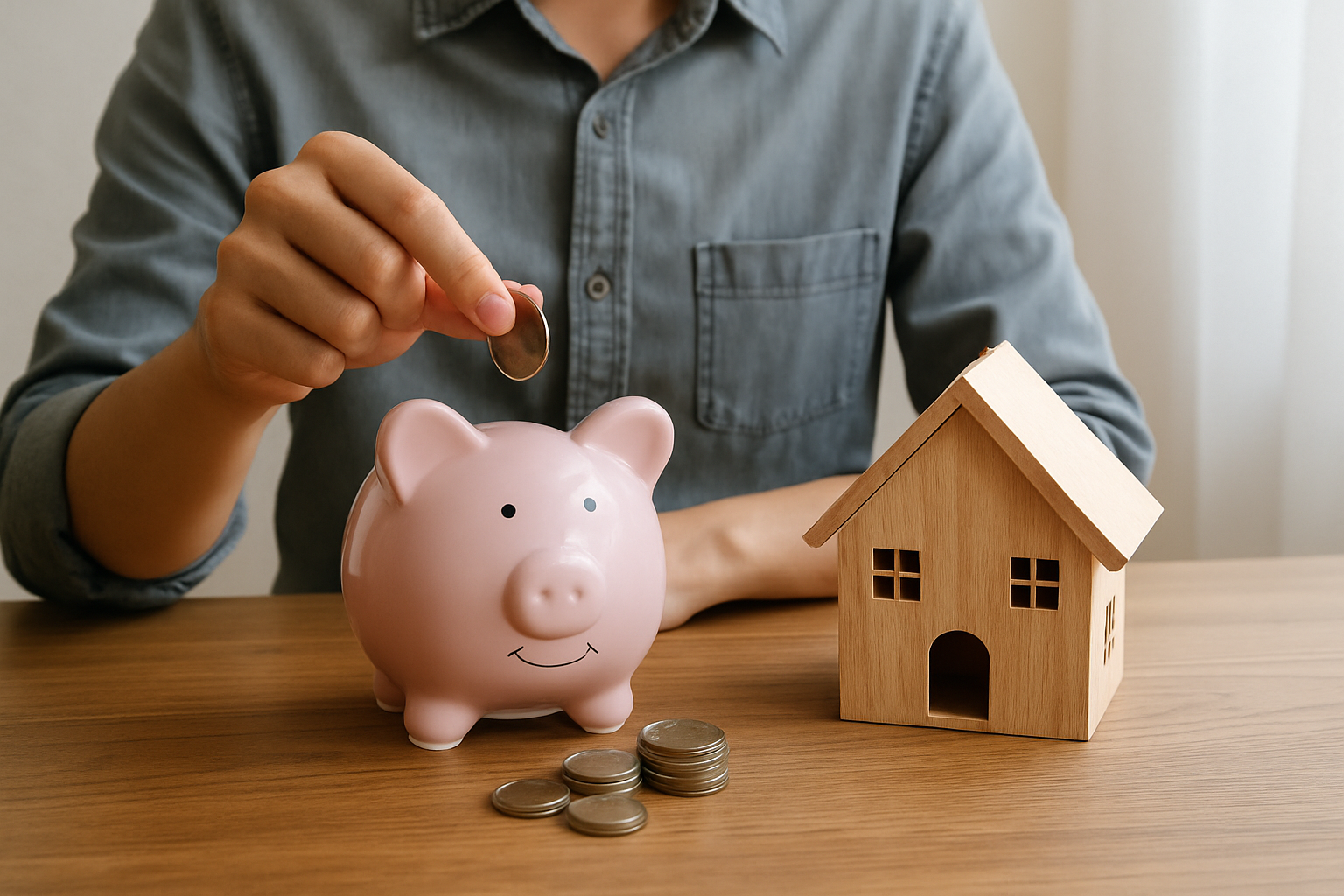 Imagen de una persona ahorrando para el enganche de su casa en la mesa se ve una alcanca de marrano y una casa de madera
