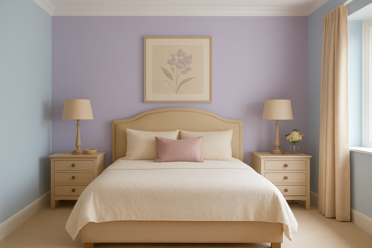 Imagen de una recmara principal con paredes en tonos azul claro lila suave y muebles en beige clido-1